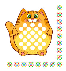 Cute ginger cat, smiling animal, fat and happy. It's big round yellow belly has spots for puzzle. Set of combinations are included. Nice for cards, games, invitations, parties. Cartoon style for fun