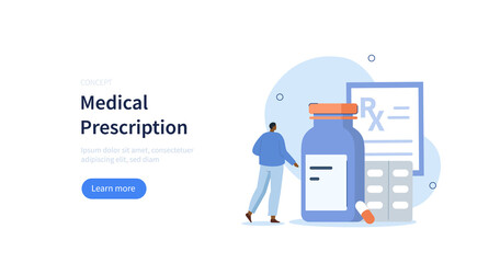 Medical prescription. Character standing near medicine pills, bottle and looking at rx prescription. Pharmacy store concept. Vector illustration. - obrazy, fototapety, plakaty