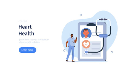 Heart disease screening and diagnostic concept. Doctor checks patient heart health to prevent cardiological illness. Vector illustration.
 - obrazy, fototapety, plakaty