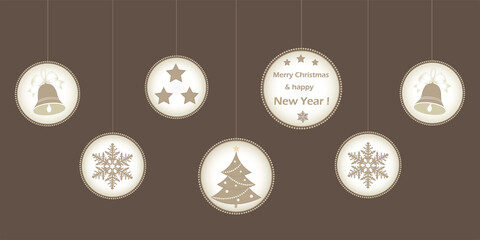 Happy New Year 2022. Christmas poster with symbols of holiday decorations Christmas tree, bells, snowflakes, stars on hanging balls. Vector illustration for greeting card design.