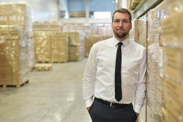 portrait friendly businessman/ manager in suit working in the warehouse of a company