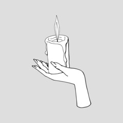 Vintage Mystic female Hand holding lit candle illustration.
