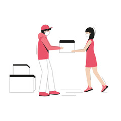 Delivery service. Courier giving box to a girl. Holiday delivery. Flat cartoon style.