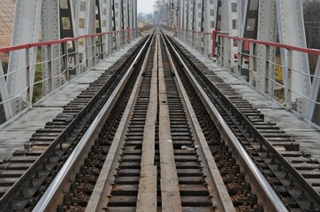10.31.2021 Russia, Leningrad region, old steel railway on the bridge in the country