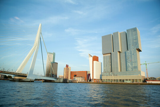 Netherlands, South Holland, Rotterdam, Erasmusbrug with hotel in background