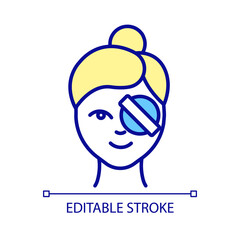 Woman after eye surgery RGB color icon. Recovery after operation. Patient with shield over your eye placed by ophthalmologist. Isolated vector illustration. Simple filled line drawing. Editable stroke