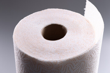 Roll of toilet paper on gray background.