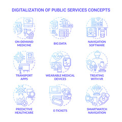 Digitalization of public services blue gradient concept icons set. Digital modernization providing for different life spheres idea thin line color illustrations. Vector isolated outline drawings
