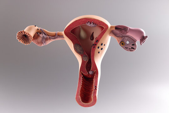Model of the female reproductive system on gray background
