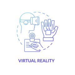 Naklejka na ściany i meble Virtual reality blue gradient concept icon. Modern devices of work and fun. Technology of augmented reality abstract idea thin line illustration. Vector isolated outline color drawing