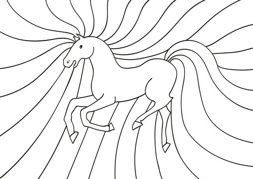 A cute fantasy horse. Hand drawn sketch for coloring pages and relaxing. Stylized cartoon horse in zen-tangle style.