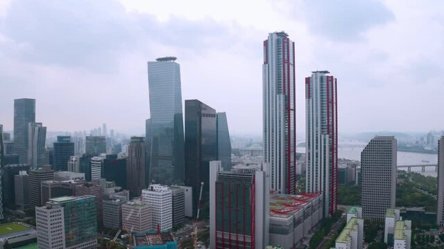[korea drone footage] seoul city landscape, Seoul, Korea, Yeouido, Financial district