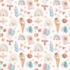 Vector watercolor childish seamless boho pattern with toys and leaves © AnnKis