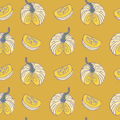 Seamless pattern with hand drawn pumpkins. Offset colors and outlines. Golden background. Vintage autumn digital paper.