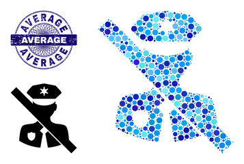 Round dot combination no police guard icon and AVERAGE round textured seal. Blue stamp seal includes AVERAGE title inside circle and guilloche decoration.