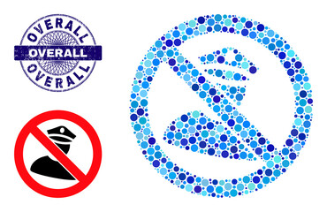 Round dot mosaic no policeman icon and OVERALL round unclean seal. Blue stamp seal includes OVERALL tag inside circle and guilloche technique. Vector mosaic is based on no policeman icon,