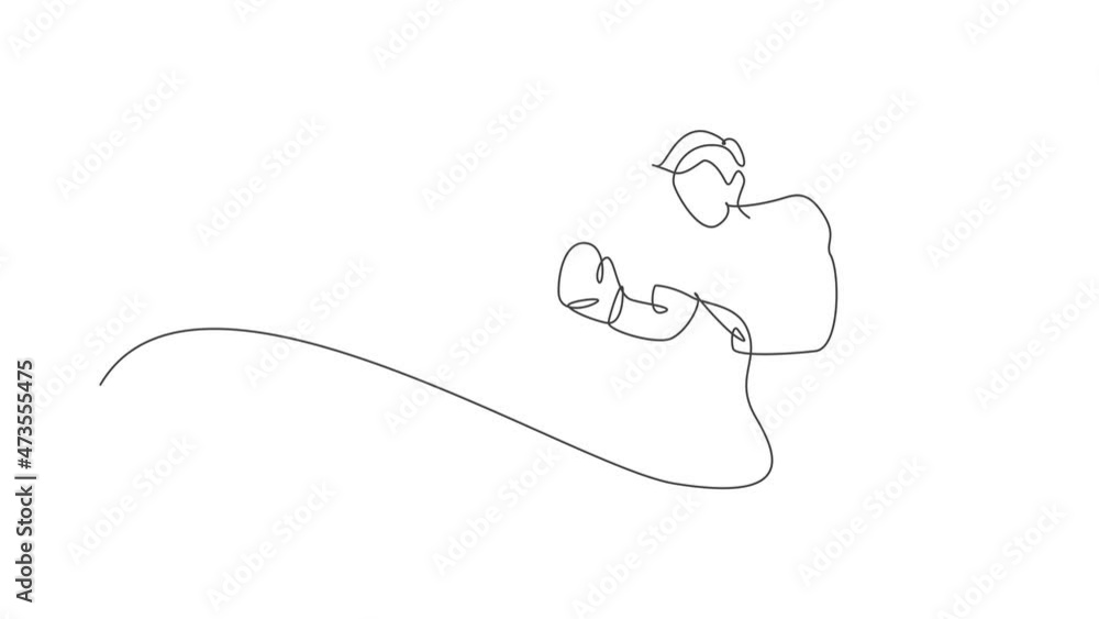 Poster animated self drawing of single continuous line draw young agile man boxer focus for sparring with p