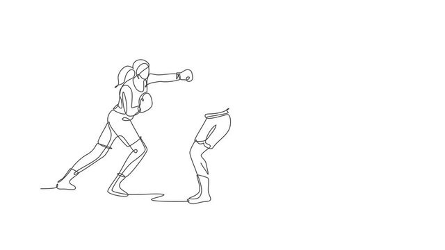 Animation of one line drawing two young energetic women boxer practice duel fighting. Sport combative training concept. Continuous line self draw animated for boxing event banner. Full length motion.