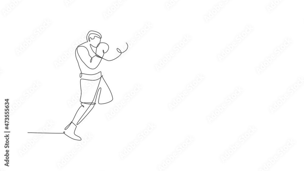 Poster animated self drawing of single continuous line draw young agile man boxer upgrade his fight attack 