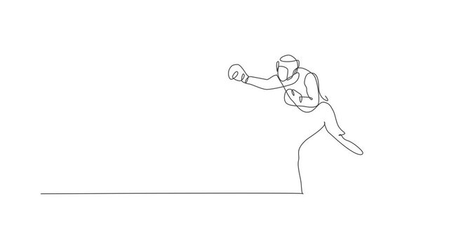 Animation of one line drawing of energetic man boxer improve his attack punch. Sport combative training concept. Continuous line self draw animated for boxing championship banner. Full length motion