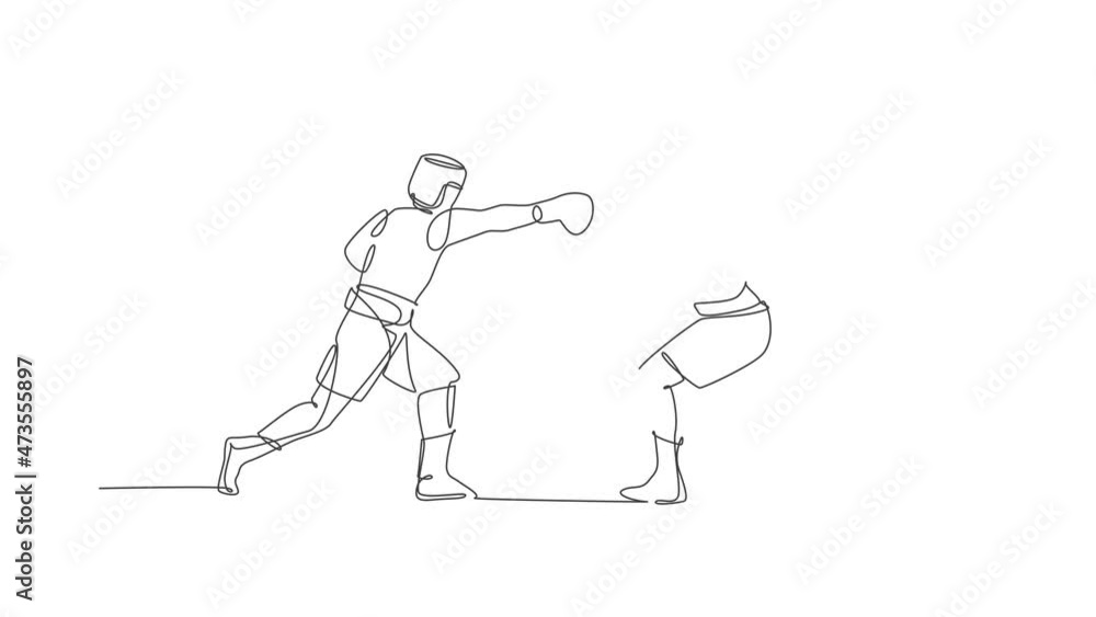 Poster animation of one line drawing of two energetic men boxer attack each other at boxing match. sport co