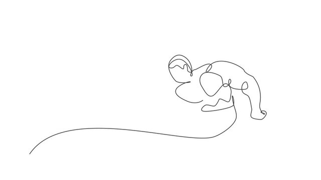 Animation of one line drawing of energetic model man bodybuilder posed. Healthy workout concept. Continuous line self draw animated for bodybuilding fitness center logo and icon. Full length motion.