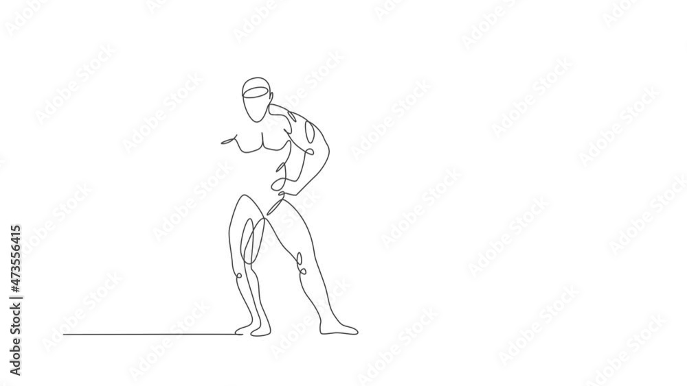 Poster animated self drawing of continuous line draw young muscular model man bodybuilder posing elegantly.