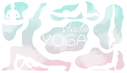 yoga studio asana sports fitness wellness health sky clouds light white background banner yoga horizontal sign text