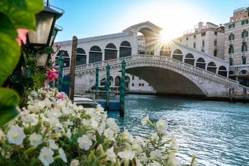 Papier Peint photo autocollant Pont du Rialto Sunrise at Rialto Bridge above Grand Canal in Venice with white flowers in foreground