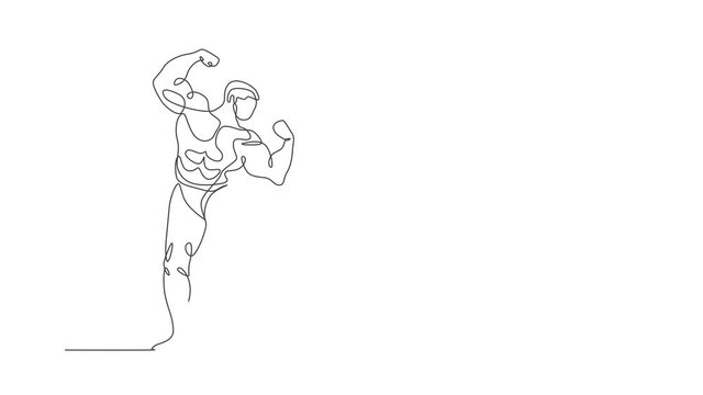 Animated self drawing of one continuous line draw young strong model man bodybuilder posed. Fitness center gym logo concept. Full length single line animation for bodybuilding competition contest.