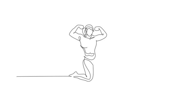Animated self drawing of single continuous line draw young muscular model woman bodybuilder posing elegantly. Fitness gym logo. Full length one line animation for bodybuilding icon and symbol template