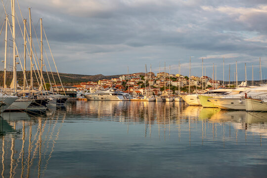 Scenic view of nautical vessels moored in sea at Rogoznica, Dalmatia, Croatia