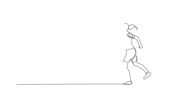 Animation of one line drawing young energetic woman runner run relax at asphalt track. Healthy sport training concept. Continuous line self draw animated for running race banner. Full length motion.
