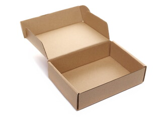 Open empty cardboard box with cover isolated on white background