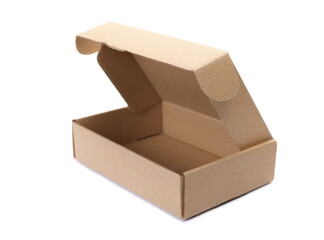 Open empty cardboard box with cover isolated on white background