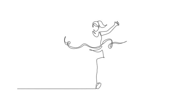 Animated self drawing of single continuous line draw young happy health runner woman running pass finish line at run race. Sport sprint and healthy lifestyle concept. Full length one line animation.