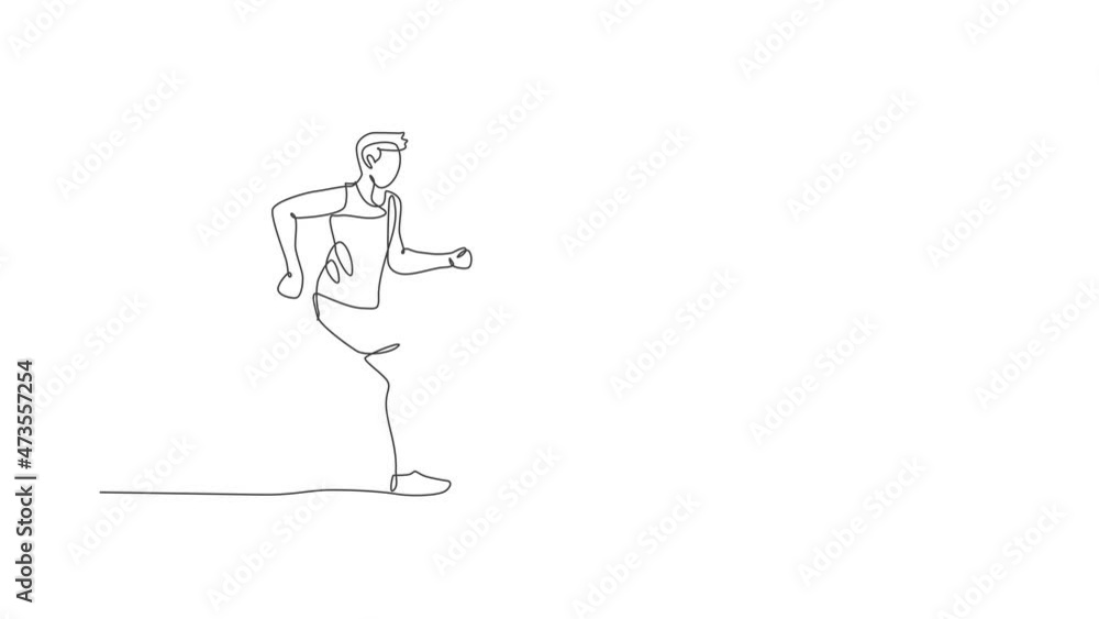 Poster animated self drawing of continuous line draw young agile man runner run fun and relax. individual s