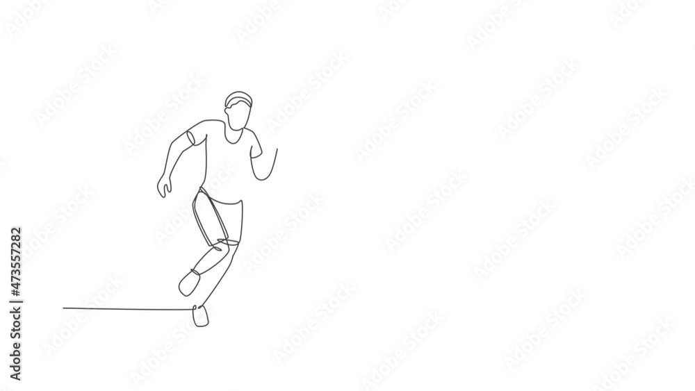 Poster animated self drawing of continuous line draw young agile man runner try to reach finish. individual