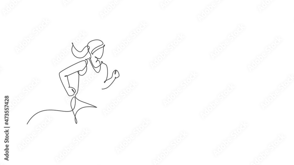 Poster animation of single continuous line draw young agile man runner run relax. individual sport with com