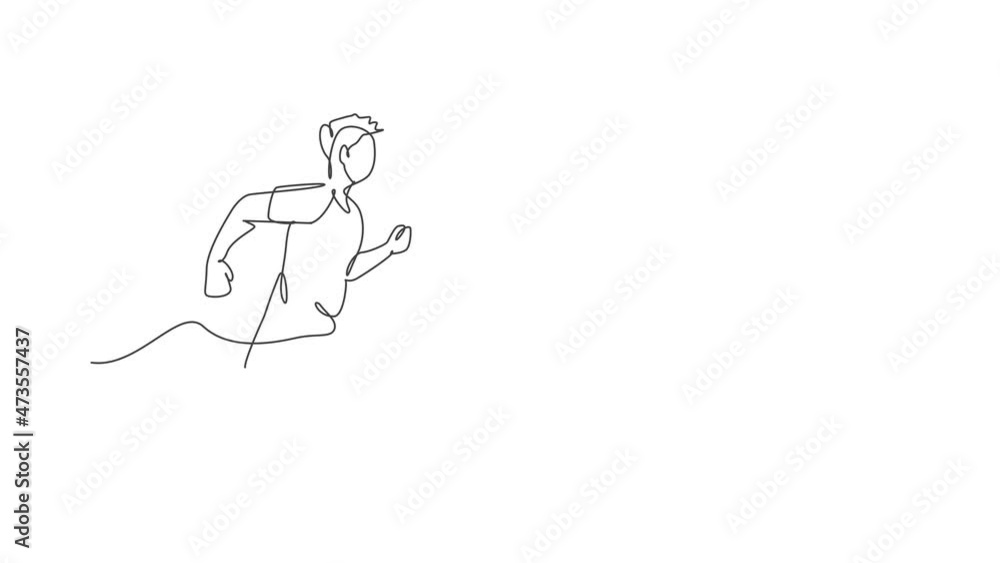 Poster animated self drawing of single continuous line draw young agile man runner from side view. individu