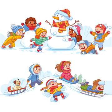 Children in the yard are playing snowballs and sledding from a snow slide. Kids playing in winter outdoors. Colorful cartoon characters. Funny vector illustration. Isolated on white background. Set