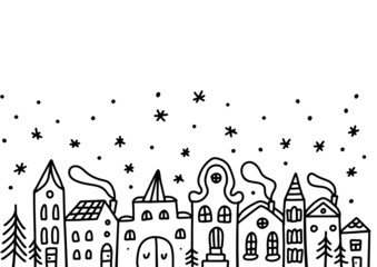 Fototapeta premium Christmas street house exteriors. Winter graphic black white landscape. Cute border element. Linear doodle vector sketch illustration.