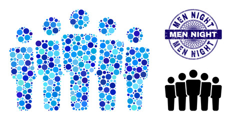 Circle mosaic people crowd icon and MEN NIGHT round corroded stamp seal. Blue seal includes MEN NIGHT tag inside circle and guilloche pattern. Vector collage is based on people crowd icon,