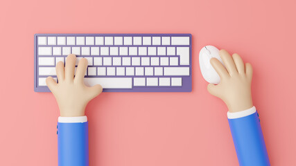 3d cartoon hands are using the keyboard and mouse with a simple design on pink background, hands on keyboard, virtual keyboard and mouse with hands, copy space, top view, 3d render illustration - obrazy, fototapety, plakaty