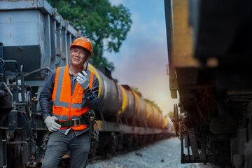 worker on a site. engineer  using  radio communication on yard of railway.