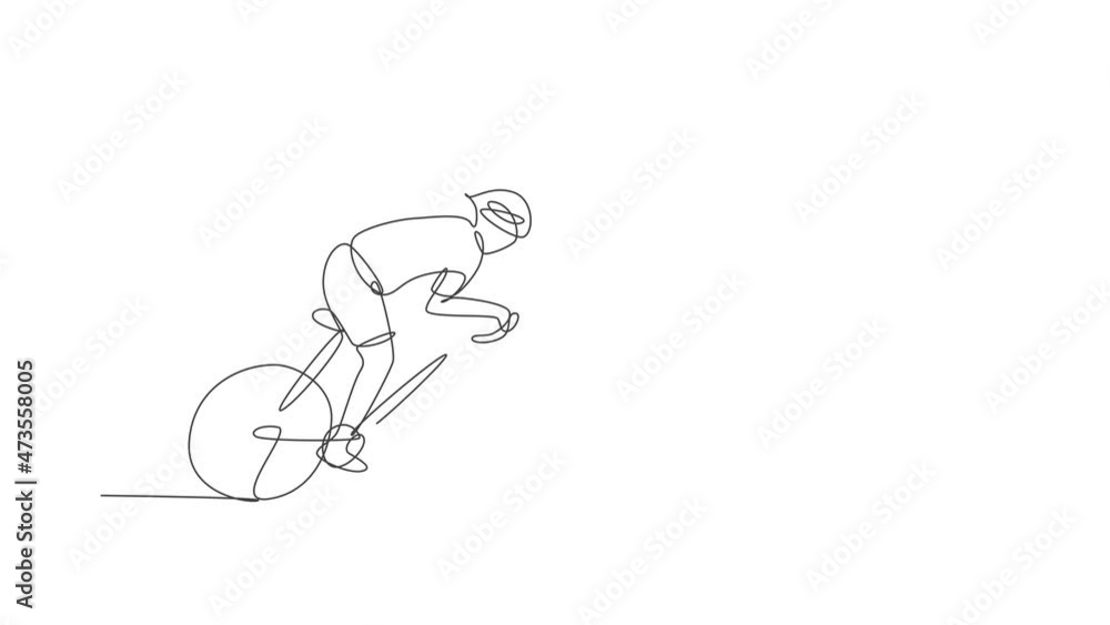 Poster animation of one line drawing of energetic man bicycle racer improve his speed at training session. 