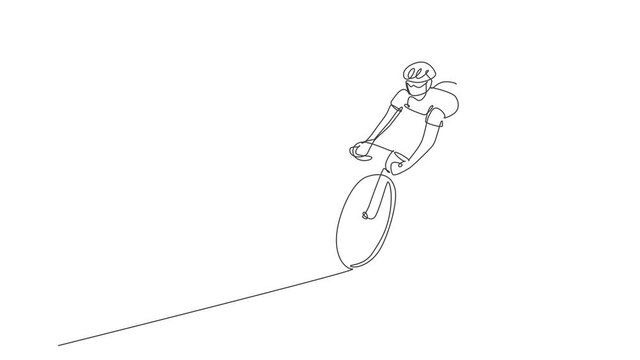 Animated self drawing of continuous line draw sporty woman bicycle racer focus train her skill at cycling track. Road cyclist concept. Full length single line animation for cycling competition poster.