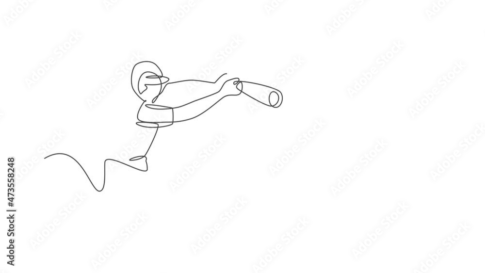 Poster Animated self drawing of single continuous line draw young agile man baseball player practice to hit the ball. Sport exercise concept. Full length one line animation for baseball promotion media.