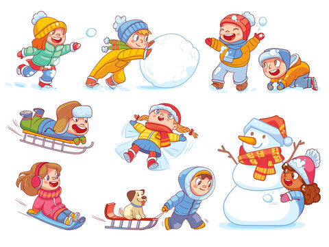 Children playing outside snowballs and sledding from a snow slide. Kids playing in winter outdoors. Colorful cartoon characters. Funny vector illustration. Isolated on white background. Set