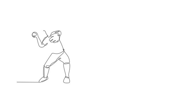 Animated self drawing of continuous line draw agile man baseball player practice to throw the ball. Sport exercise concept. Full length one line animation illustration for baseball promotion media.